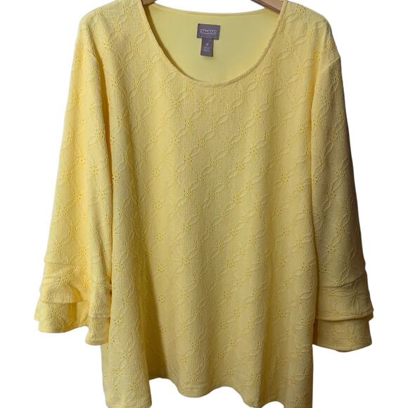 Chico's Top NWT Size 4 (2X) Lemon Chiffon Eyelet Scoop Neck 3/4 Ruffle Sleeve - Picture 1 of 7